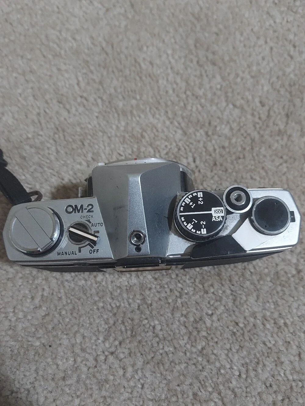 Olympus OM-2 Silver and Black 35mm Film SLR Camera Body with Wrist Strap